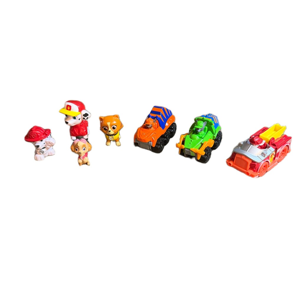 Paw Patrol Toy Lot Marshall Skye Rocky Figures & Metal Rescue Vehicles 7pc Set